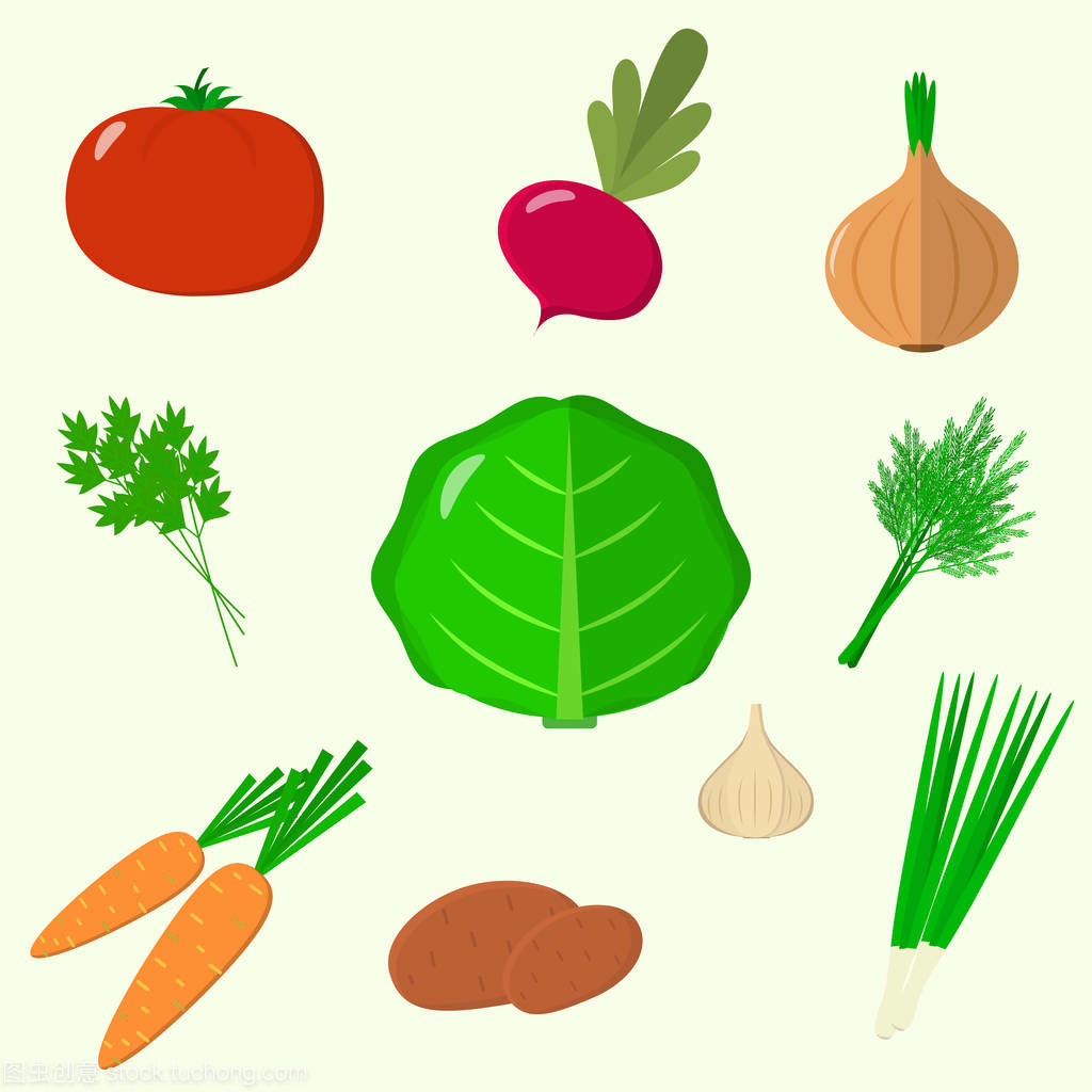组的蔬菜。孤立在白色背景上的有机素食健康食品。矢量